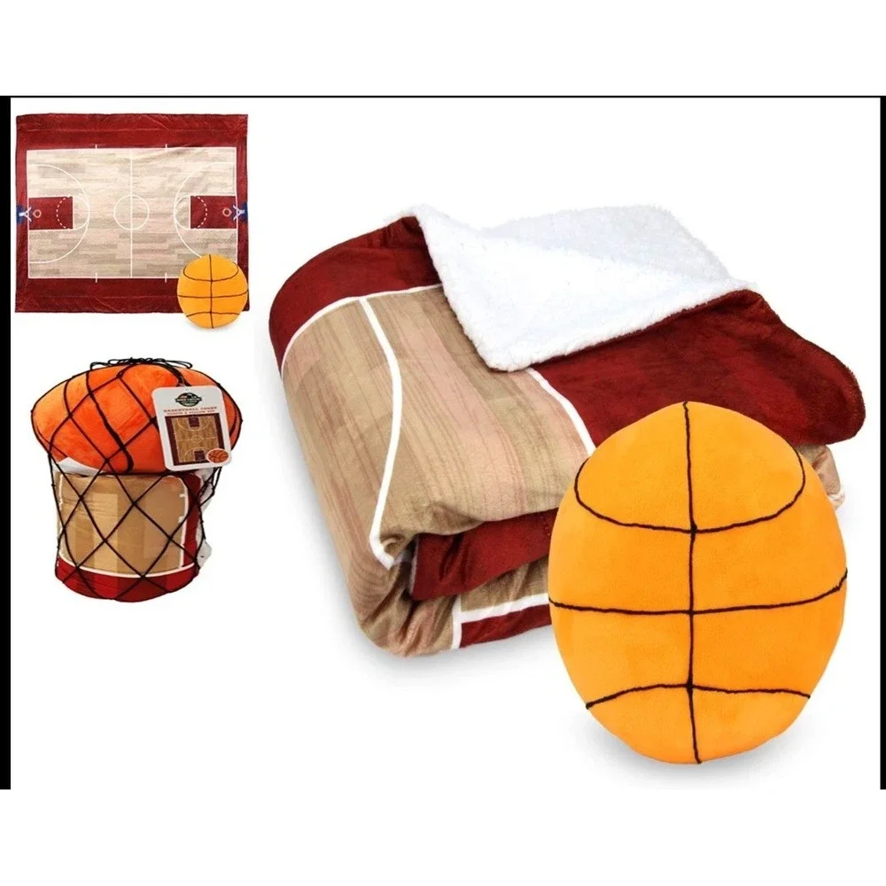 Interactive Basketball Game Throw Blanket & Plush Ball Pillow Gift Set BRAND NEW